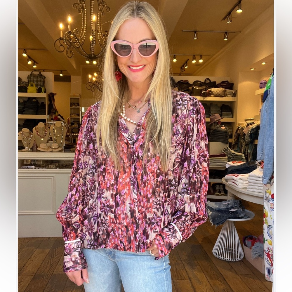 Floral Print Long-Sleeve Blouse in Pink and Purple